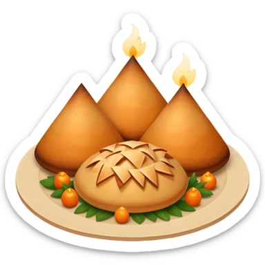 Uzbek cuisine humanless avatar in bright emoji-style illustration. Classic dishes like plov and samsa, warm golden and earthy tones, simple shapes, flat design, high contrast, friendly and appetizing. sticker