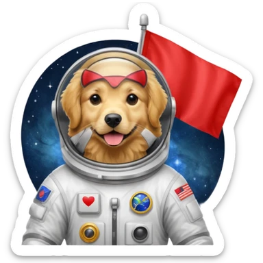 golden retriever in space suit holding red rectangle flag sticker