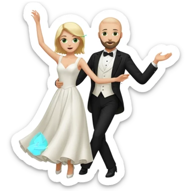blonde haired green eyed bride and bald headed groom with dark beard dancing sticker