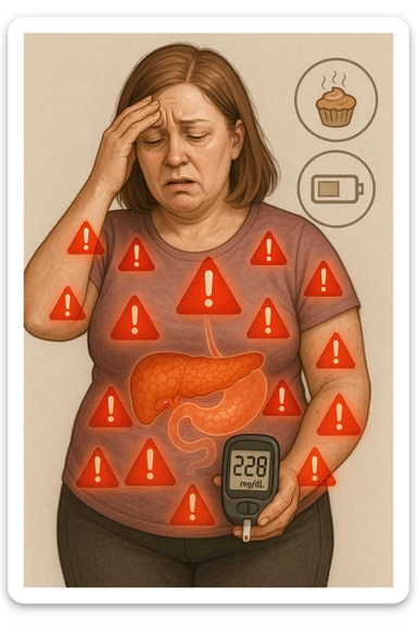"Woman struggling with worsening insulin sensitivity, blood sugar spikes visualized as red warning signals throughout her body, expression of energy crashes and sugar cravings, pancreas working overtime shown in transparent overlay, pre-diabetic progression despite dietary efforts, metabolic syndrome symptoms accumulating, glucose meter showing increasingly concerning readings" scritte in italiano sticker