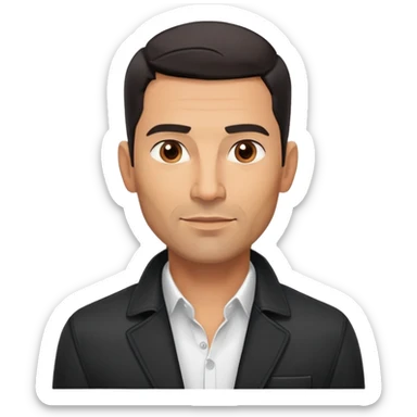 Handsome athletic Hispanic man in his late 40s with tan complexion, short black hair with defined fade haircut, light stubble/scruff on face, square masculine face with defined jawline, neutral-friendly TV presenter expression, open black jacket with white shirt sticker