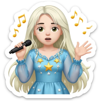 billie eilish is singing, 2 hands holding mirco and twinkle dresss, white long hair sticker
