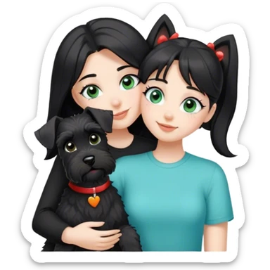 pale girl with light green blue eyes and long black hair wearing black shirt kissing female schnauzer holding smiling black schnauzer  sticker
