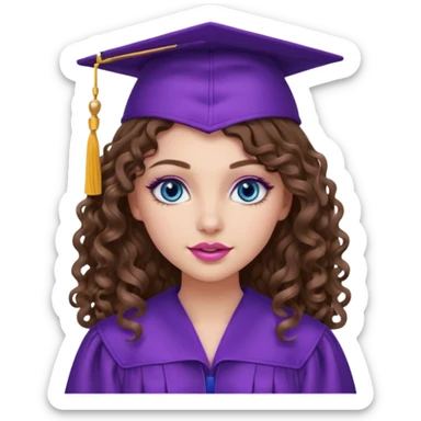 girl with curly and long wavy brown hair, blue eyes, long lashes makeup, sexy pink lips, wearing a purple graduation cap and gown sticker