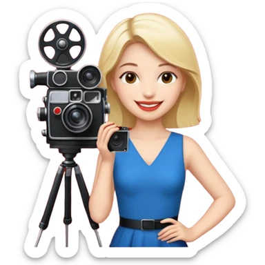 an actress standing on a red carpet, smiling, with a film camera next to her. sticker