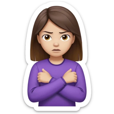 Angry Pouty girl with small asian eyes folding arms in a purple longsleeve shirt she has fair skin and long length brown hair with highlights sticker