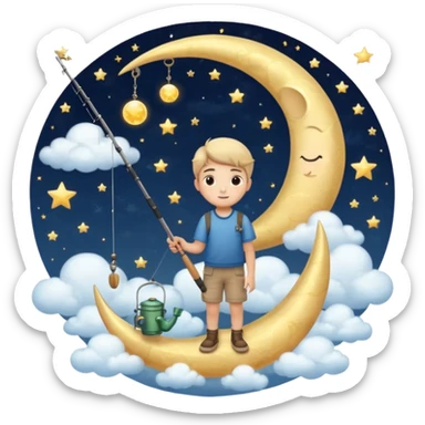 A dreamy night sky with a crescent moon. A boy sits on the moon holding a fishing rod, surrounded by soft clouds and stars. Magical and peaceful atmosphere. sticker