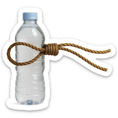 Edit the image to have a longer rope with a loop similar to the reference image, replacing the cheese with a realistic water bottle. The style should be realistic with natural details and no background. sticker