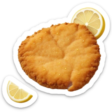 Cinematic Realistic Veal Schnitzel Dish Emoji, depicted as a golden, breaded veal cutlet served with lemon rendered with crisp textures and inviting, natural lighting. sticker