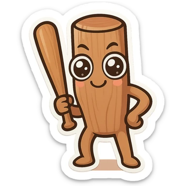 chibi emoji of Tun Tun Suhoor, wooden stick body, smooth brown wood, big sparkling cartoon eyes, subtle smile, human arms and legs, holding a wooden bat, over-the-top funny meme, no text sticker