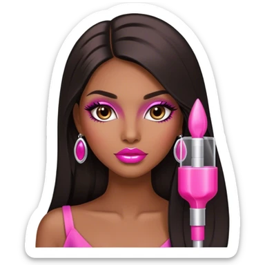 Glamorous, brown, very beautiful girl, with big pump pink lips, long long lashes, black straight smooth silky long hair, straight parting hair, brown eyes sticker