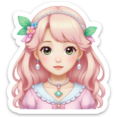 Gorgeous anime style lady with blushing face and accessories cottagecore fairycore Kawaii anime colorful pearly romantic aesthetic trending style sticker