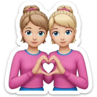 Two best friends making a heart shape with their hands together. One of them has blond hair which is shorter and the other has brown hair tied up. They are both wearing pink outfits. They both have blue eyes  sticker
