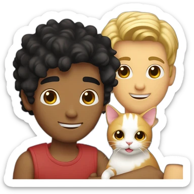 Gay couple, 1 guy Latino black straight black hair and 1 Australian white guy with blonde slightly curly hair holding a cat sticker
