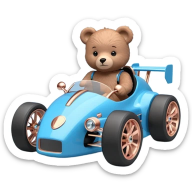 dar crystal blue and rosegold-accented rc racing car driven by a small cute teddy business bear with rear spoiler, safety cage, and wheely bar sticker