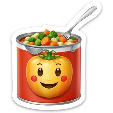 open tin can with chunky mixed vegetables in tomato sauce, no spoon or branding, soft lighting, subtle shadows, emoji scale sticker
