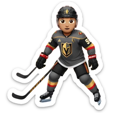 A hockey player in a Vegas Golden Knights black & gold jersey, red accent glow, centered stance, stick on the ice, confident posture. Background subtle red aura with a knight-helmet inspired motif. Clean, bold, emoji-style. sticker