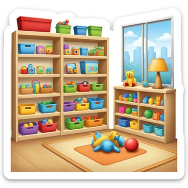 tidy room with toys neatly arranged on shelves, clear and inviting sticker