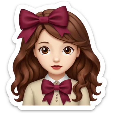 girl wavy long brown hair with a burgundy bow sticker