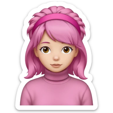 brown fluffy haired girl with pink turtleneck sweater and pink hair band sticker