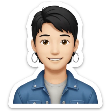 asian male with a black middle part with a kpop mullet and silver hoop earrings sticker