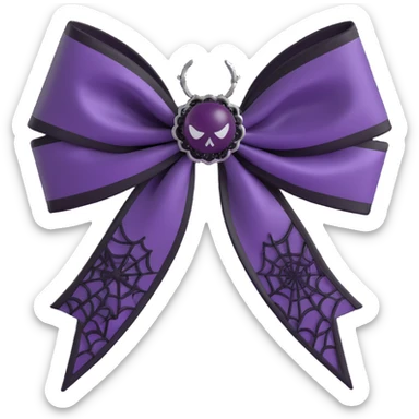 3D emoji gothic bow, dark plum satin, black lace overlay, silver spiderweb charm, moody and elegant sticker