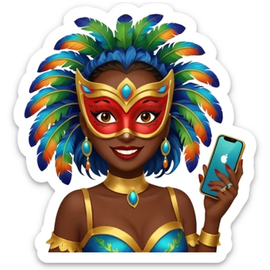 i need the same girl in "dark skin girl, dark red lipstick, nails very beautiful" to be smiling in "carnival mas costume, blue, green and orange preferably, full costume feathers at the back" she is to be smiling and happy with a phone in her hand taking a pico  sticker