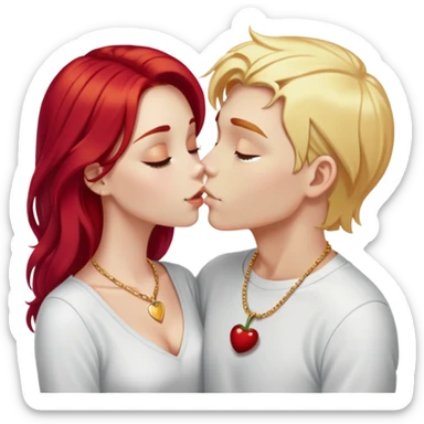 couple kissing, girl with long cherry red hair and blonde eyebrows, gold A necklace, light clothes, and boy with PURE WHITE SHORT HAIR (completely white like paper, not blonde, not gray) sticker