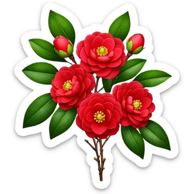 bouquet Red Camellia, luxuriant, stem, leaf, bud sticker