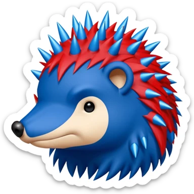 Red and blue Porcupine facing right. Bottom layer red: covers feet, round face with no facial features and 2 spikes. blue upper layer 6 spikes, 3 white 5 pointed stars in the middle of the blue. sticker