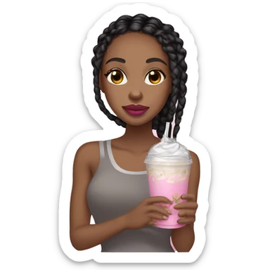 A light skin African American girl with black medium knotless braids and pink lips sipping an iced coffee  sticker