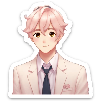 Gorgeous romantic hot attractive anime style modern gentlemanly anime shojo guy with pretty hair and flower petals and blushing face aesthetic trending style  pastelcore cottagecore kawaiicore sticker