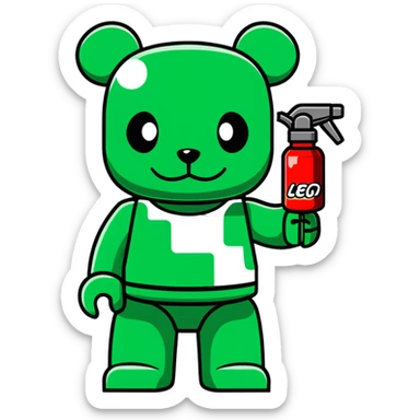 Lego style bearbrick with wild graffiti art patterns, X eyes, holding a spray paint can, vibrant colors sticker