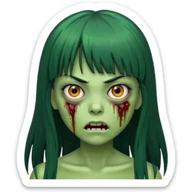Faça uma menina de cabelo liso preto com franja zumbi cabelo longo 🧟‍♀️ faça ela assim faça ela verde com cara mais assustadora sticker