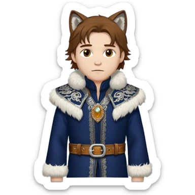 Medieval winter outfit worn by a DnD themed fantasy male character. Midnight blue felted wool tunic with silver fox fur collar, embellished with ornate metal clasps and a thick leather belt with decorative stitching. Clothes only above the waist, full waist coverage. The character has no arms. Character is white-skinned with honey brown hair, amber eyes, and shoulder-length straight hair with winter-weathered ends. sticker