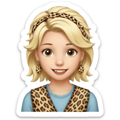 Une fille blonde et joyeuse. Elle porte une coiffure rock et originale avec 3 pinces pour cheveux  léopard et motif peau de vache. sticker