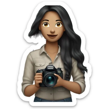 women photographer with long black hair and light skin holding a camera canon sticker