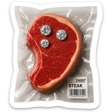 juicy steak with diamonds on top, shiny and inflated, vacuum-sealed style sticker