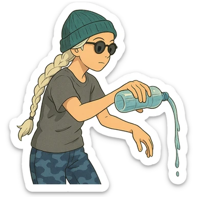 1 female, long white braid, knit cap, dark sunglasses, GRAY T-SHIRT, blue camo pants, POURING OUT A WATER BOTTLE sticker