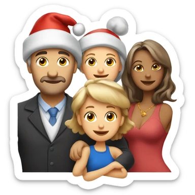 european family of 4 people (mom dad and 2 kids) celebrate new year in birthday hats sticker