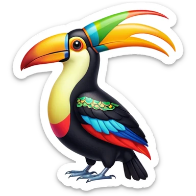 Cinematic Noble Toucan Portrait Emoji, Poised and regal, with a vibrant, striking beak and a sleek, colorful body adorned with bold patterns and keen, observant eyes, Simplified yet sharp and sophisticated features, highly detailed, glowing with a soft, tropical radiance, high shine, intelligent and majestic, stylized with an air of exotic elegance, focused and alert, soft glowing outline, capturing the essence of a watchful and confident avian guardian that appears ready to take flight out of the screen with effortless authority! sticker