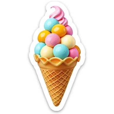 3D rendered Hong Kong egg waffle cone filled with colorful ice cream, hyper-realistic bubbled texture, glossy candy-like finish, vibrant colors, detailed texture, soft studio lighting sticker