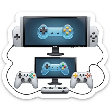 An icon showing two monitors with gaming interfaces, connected by a wire. Each monitor displays a different game screen, with two gamepads placed nearby, symbolizing multiplayer gameplay. transparent background. sticker