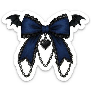 Edit the image to depict a blue gothic bow with black lace trim, a heart charm, bat wings, and silver chains. The background should be removed. Maintain a gothic style with detailed black lace and silver accents. sticker