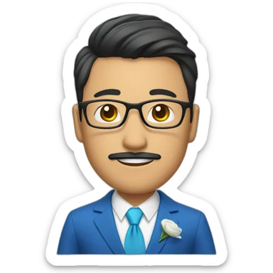 an asian groom with glasses with mustache with a blue suit sticker