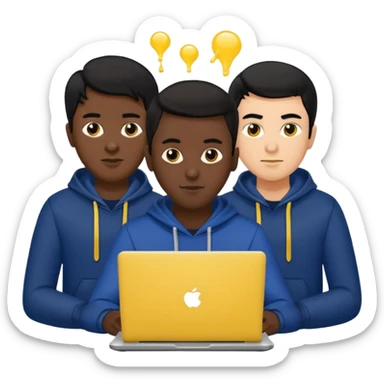 technologist using laptop coding with 2 other technologist color yellow three of it is man  that using 3 laptop the hair is black and the cloth is dark blue sticker