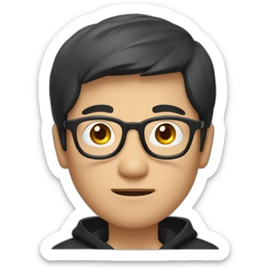 A mature Chinese boy with black hair and circle-shaped eyeglasses wearing black hoodie and ✌️ shaped hands sticker