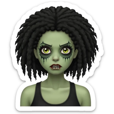 a female zombie with sage green skin, black long afro hair, eyelashes and a black tank top sticker