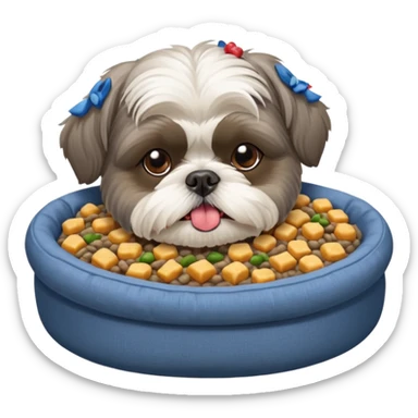 old ALL grey shih tzu in dog bed tongue hanging out bowl of food in front sticker