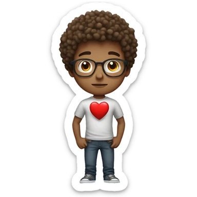 Upper body of a curly boy, with light skin, brown hair, light brown eyes and round gray glasses, holding a very big red heart with difficulty  sticker